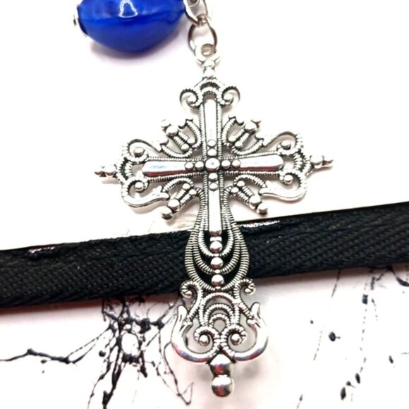 Blue + Silver Beaded + Silver Tone Cross 9 Inch Keychain or Purse Charm - Picture 2 of 7
